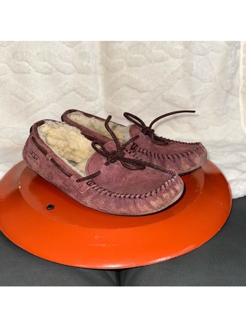 UGG 6 EU 37 Mauve Pink Brown Suede Leather Sheepskin Lined Slip on Slippers